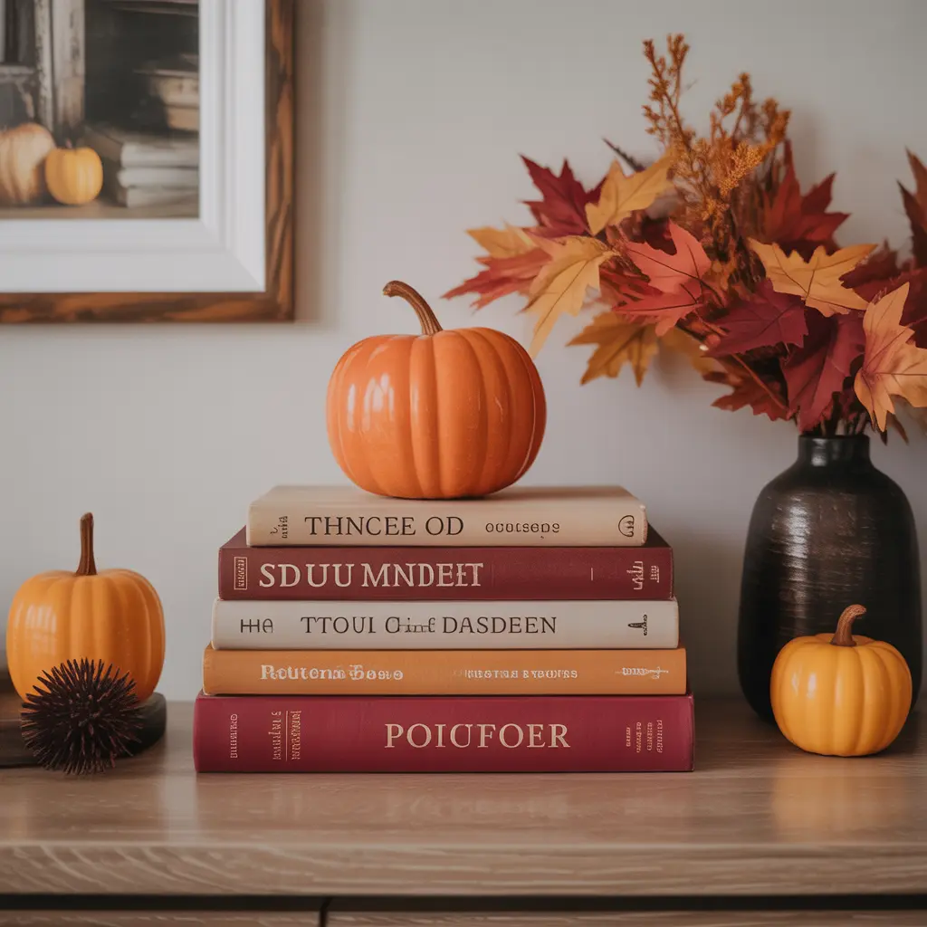 27 Fall Apartment Decor Ideas 2025 That’ll Make Your Space Extra Cozy 20 0001 1 display autumn inspired books stack book 2kXFylDtR
