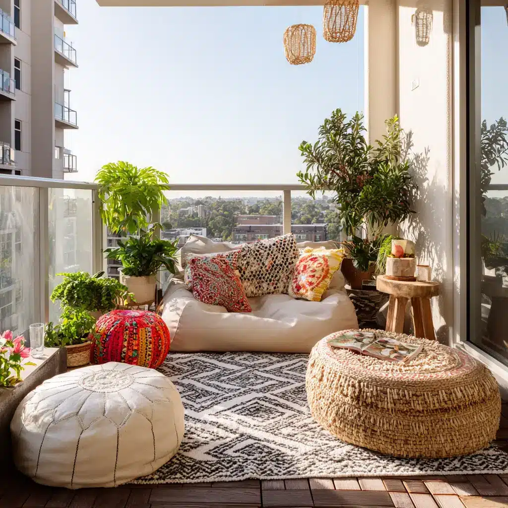 Apartment Balcony Decoration Ideas: 20 Ways to Style a Cozy Outdoor Space 10 This image has an empty alt attribute; its file name is u7331937832_Add_Floor_Cushions_or_Poufs_For_a_casual_boho_vib_d32320a0-fc3d-46f7-880c-bfa3136f238c_2.webp