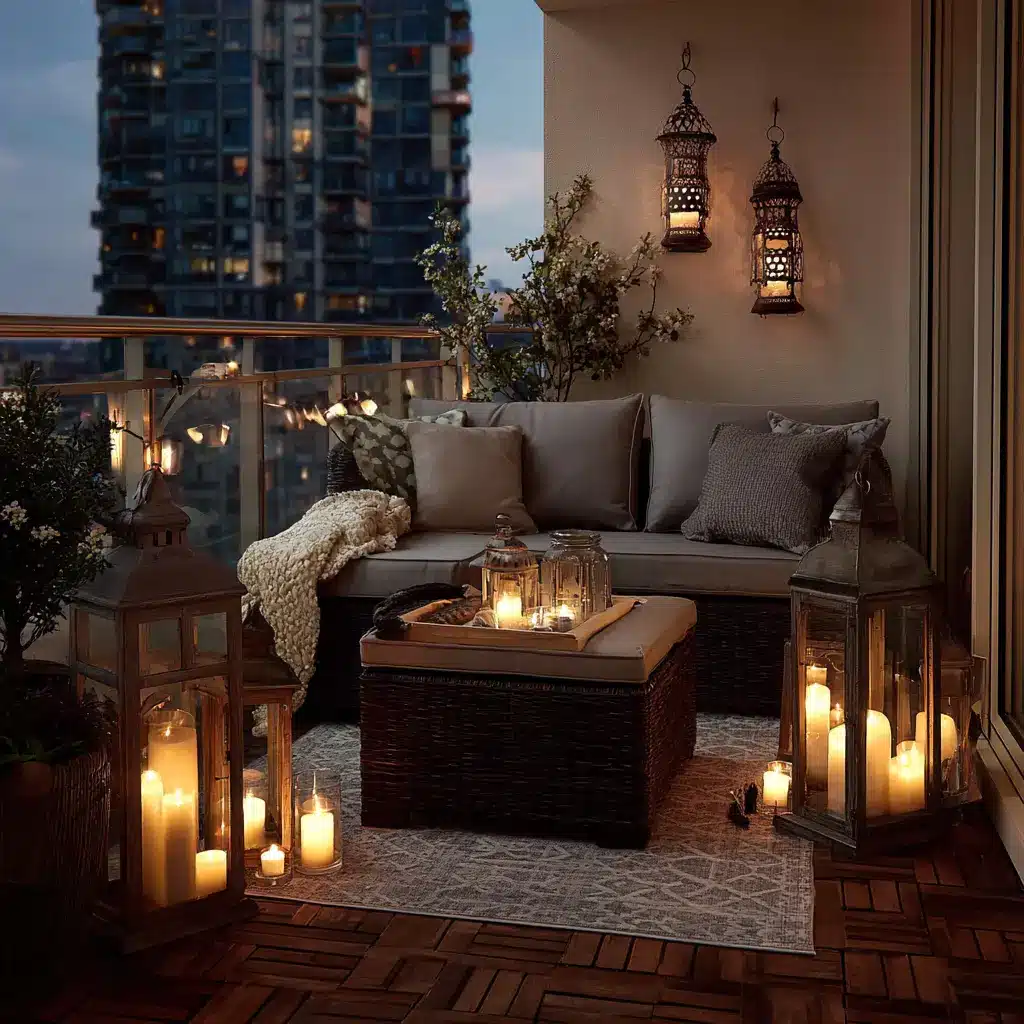 Apartment Balcony Decoration Ideas: 20 Ways to Style a Cozy Outdoor Space 14 This image has an empty alt attribute; its file name is u7331937832_Decorate_with_Lanterns_and_Candles_Soft_lighting__81270027-99b9-4770-9303-cab8ce59817a_2.webp