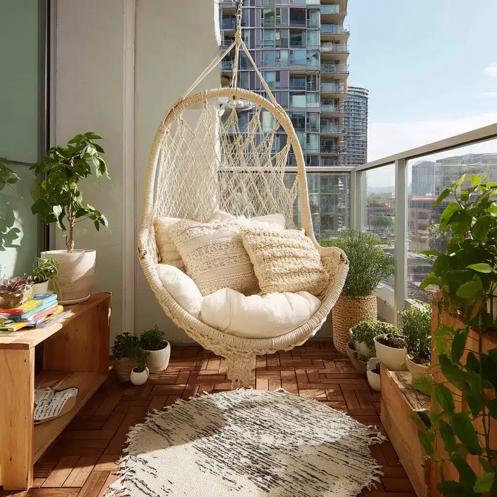 Apartment Balcony Decoration Ideas: 20 Ways to Style a Cozy Outdoor Space 13 This image has an empty alt attribute; its file name is u7331937832_Try_a_Hammock_Chair_A_hanging_hammock_chair_is_on_a7ea8bd3-bd16-419b-94e7-576b638c067e_3.webp