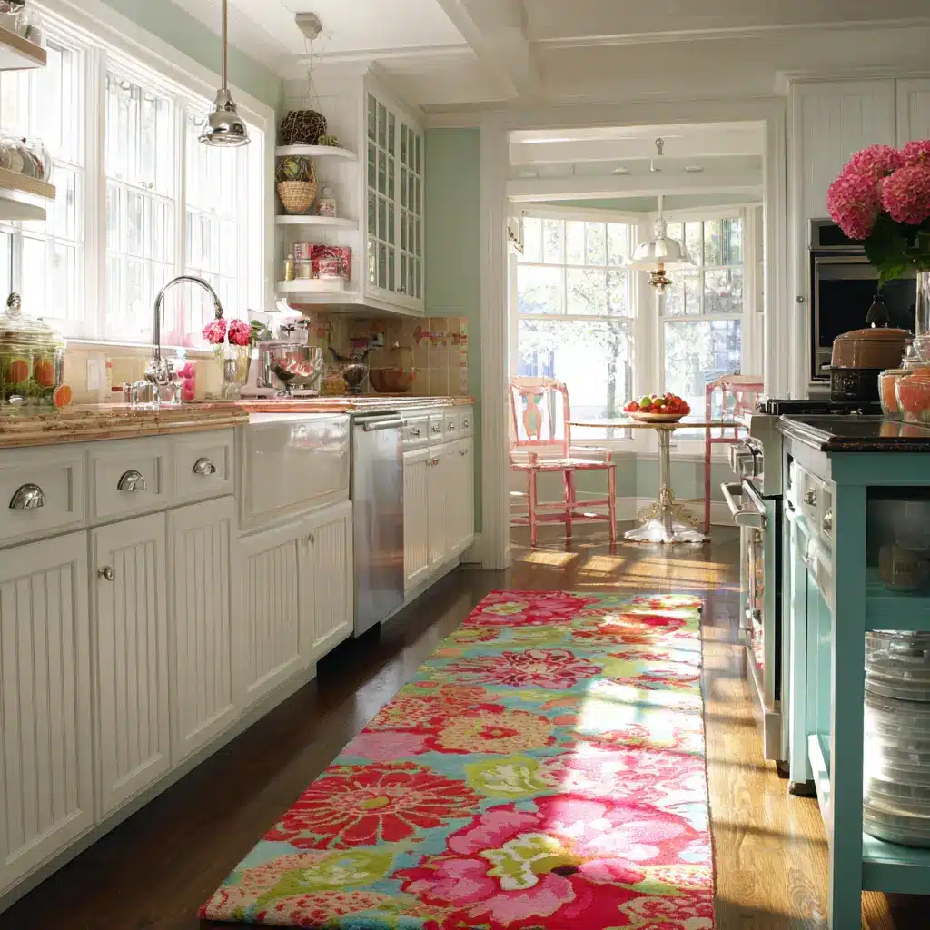 20 Girly Kitchen Ideas for a Cute and Cozy Space 11 u7331937832 Use Patterned Rugs A colorful patterned rug can w 72424ee0 d685 4e98 a642 74f49b69116d 1