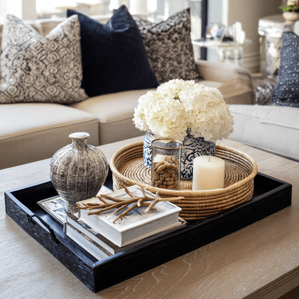 24 Coffee Table Styling Secrets to Elevate Your Living Room 4 u7331937832 Use a Tray for Structure A tray helps corral smal a8571ac1 89f2 4ebe b7ed 9b61b45552e0 1