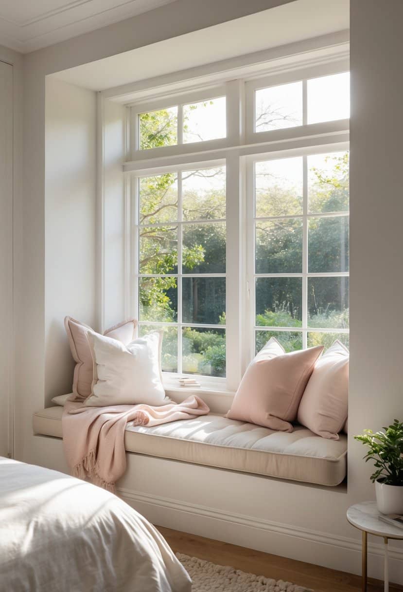 Bedroom Window Seat Ideas: Stylish Nooks and Cozy Comfort 3 A bedroom with a window seat by a large window, decorated with cushions and throws, overlooking greenery outside.