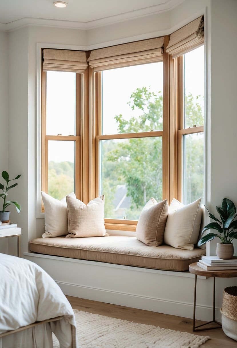 Bedroom Window Seat Ideas: Stylish Nooks and Cozy Comfort 7 A bright bedroom with a window seat under a large window, featuring cushions and a cozy atmosphere.