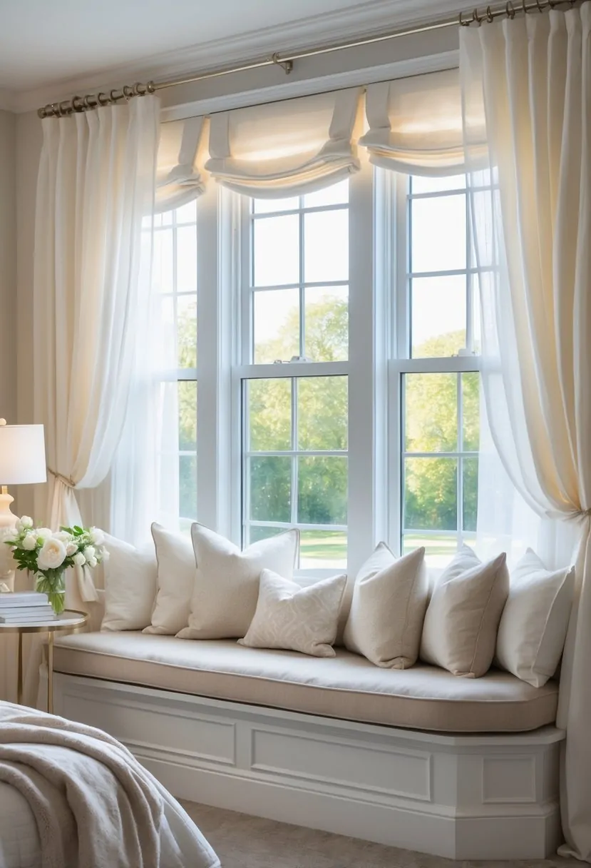 Bedroom Window Seat Ideas: Stylish Nooks and Cozy Comfort 24 A bedroom with a window seat under a large window, featuring curtains, cushions, a throw blanket, a small table with flowers, and soft lighting.