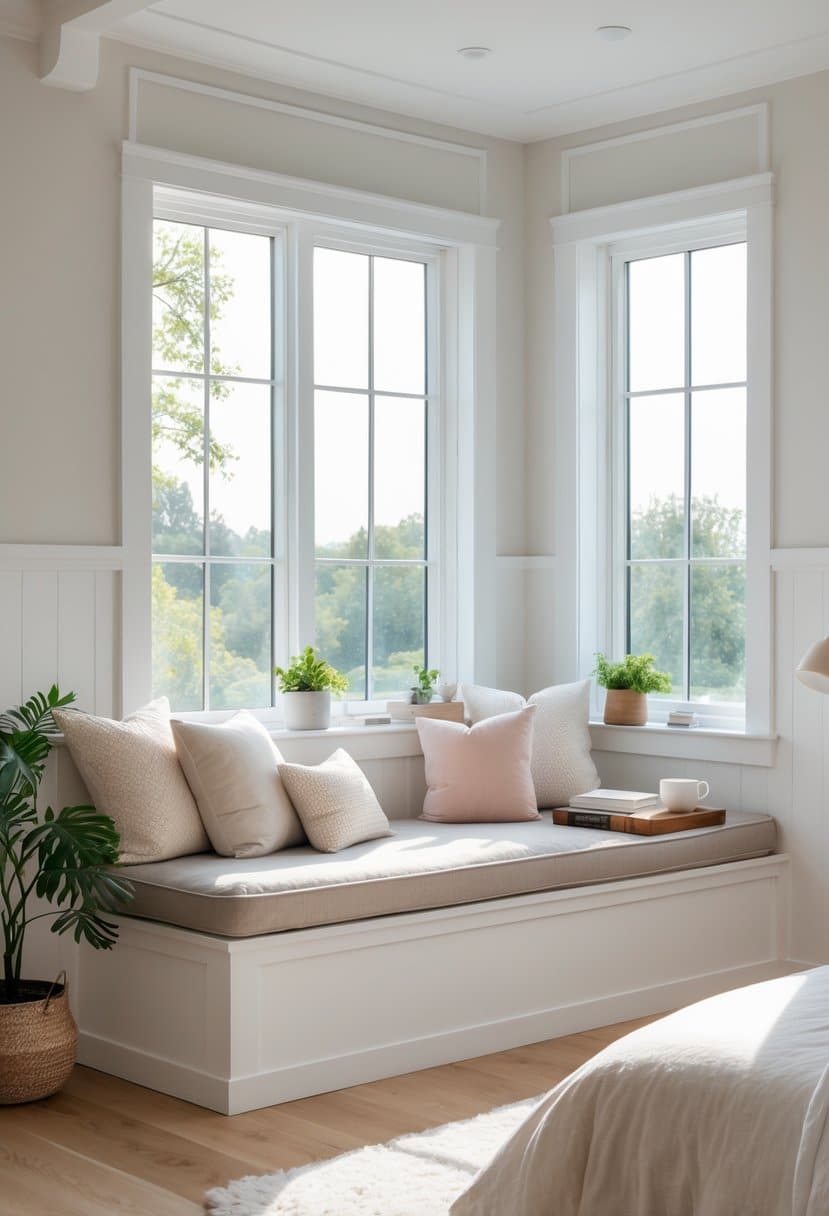 Bedroom Window Seat Ideas: Stylish Nooks and Cozy Comfort 28 A bedroom with a cozy window seat decorated with cushions, books, a plant, and a tray with tea, illuminated by natural light from a large window.