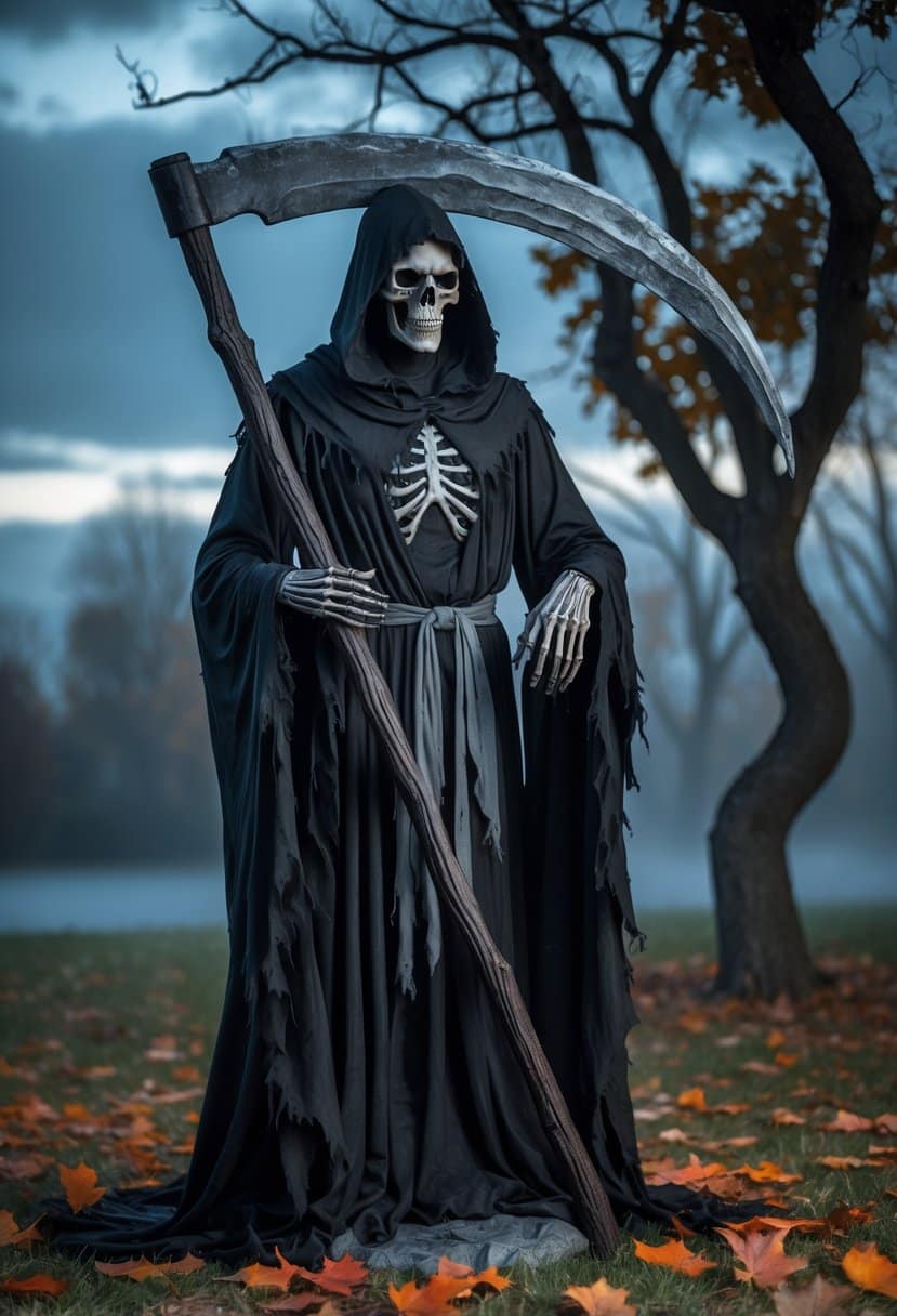 Scary Halloween Decorations 2025: Ideas to Transform Your Haunted Setup 4 A life-size Grim Reaper Halloween decoration standing outdoors among fallen leaves with a scythe, under a dark cloudy sky and bare trees.