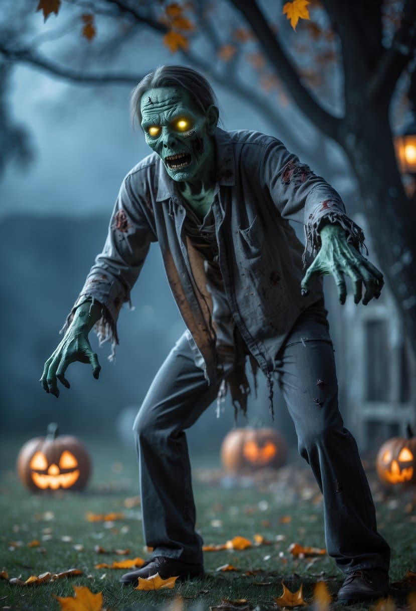 Scary Halloween Decorations 2025: Ideas to Transform Your Haunted Setup 5 A realistic animated zombie prop in a dark outdoor Halloween setting surrounded by autumn leaves and subtle fog.