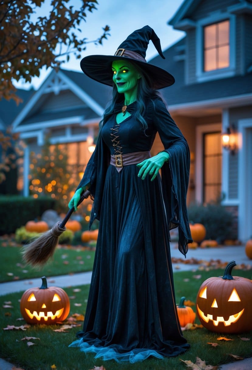 Scary Halloween Decorations 2025: Ideas to Transform Your Haunted Setup 6 A life-sized animated witch decoration in a front yard surrounded by Halloween pumpkins and cobwebs at dusk.