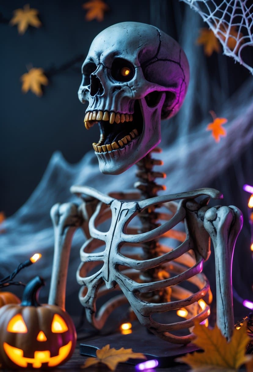 Scary Halloween Decorations 2025: Ideas to Transform Your Haunted Setup 10 A creepy Halloween skeleton decoration with a moving jaw surrounded by Halloween decorations in a dark setting.