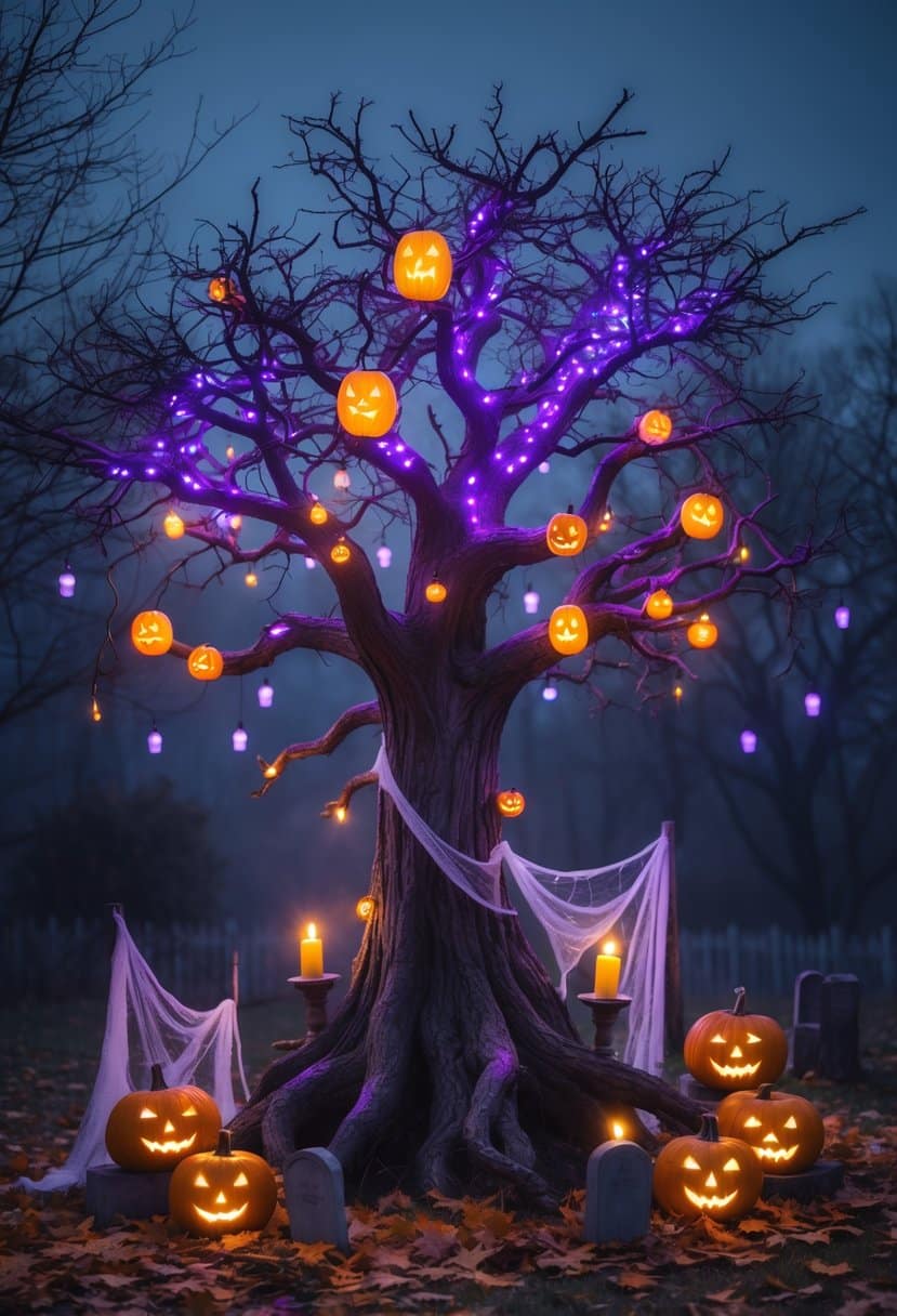 Scary Halloween Decorations 2025: Ideas to Transform Your Haunted Setup 11 A spooky haunted tree with glowing LED lights and Halloween decorations including pumpkins and cobwebs at night.