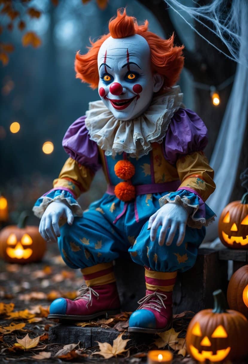 Scary Halloween Decorations 2025: Ideas to Transform Your Haunted Setup 22 An animated clown Halloween decoration outdoors surrounded by pumpkins and cobwebs in a dimly lit autumn setting.