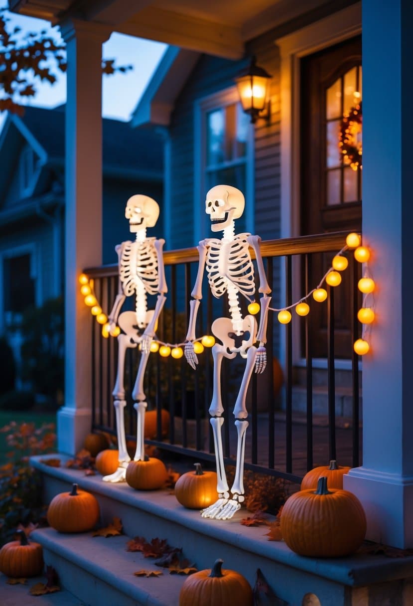 Scary Halloween Decorations 2025: Ideas to Transform Your Haunted Setup 24 A porch decorated with a lighted skeleton garland and pumpkins for Halloween at dusk.