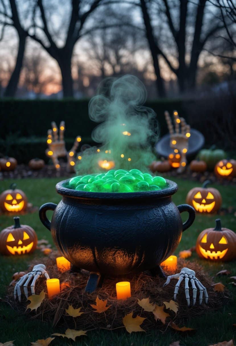 32 Outside Halloween Decorations Ideas 2025: Creative Ways to Transform Your Outdoor Space 11 Outdoor Halloween scene with a bubbling cauldron surrounded by pumpkins, spider webs, and autumn leaves at dusk.