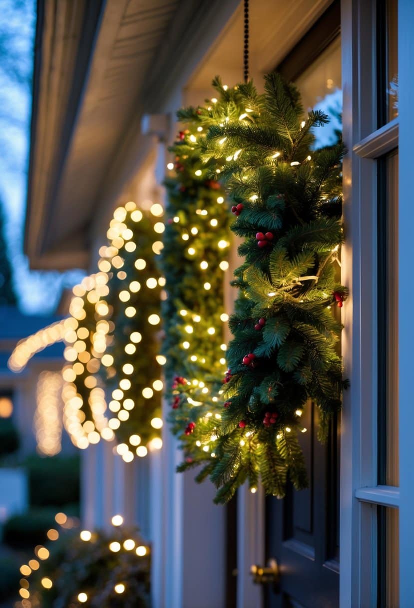 Front doors and windows decorated with green wreaths wrapped in warm white Christmas lights glowing softly in the evening.