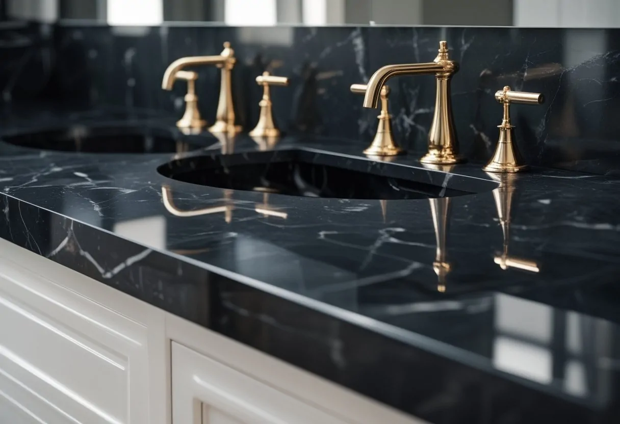 10 Stunning Black Bathroom Ideas For A Chic And Low Maintenance Space 2 black bathroom ideas marble vanity countertop with gold faucets elegant design