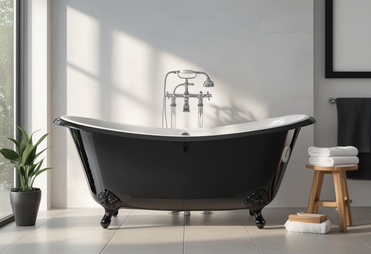 10 Stunning Black Bathroom Ideas For A Chic And Low Maintenance Space 3 black bathroom ideas freestanding black clawfoot tub gloss finish statement piece