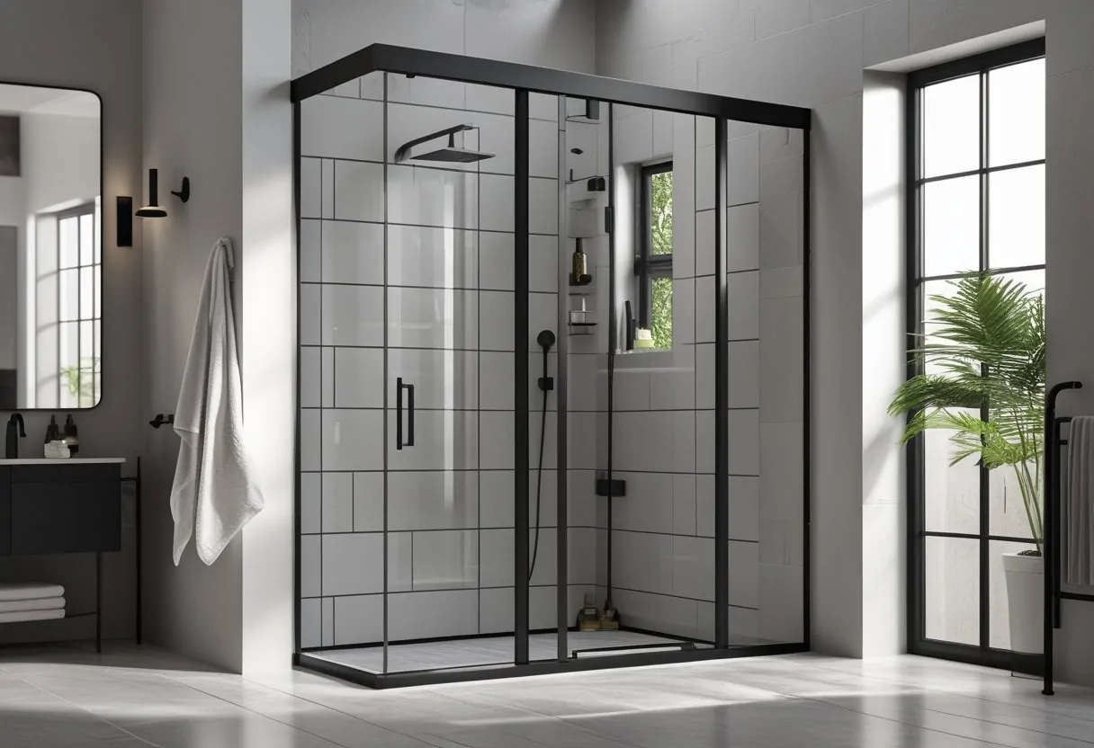 10 Stunning Black Bathroom Ideas For A Chic And Low Maintenance Space 4 black bathroom ideas frameless black metal shower enclosure pivot door modern bathroom