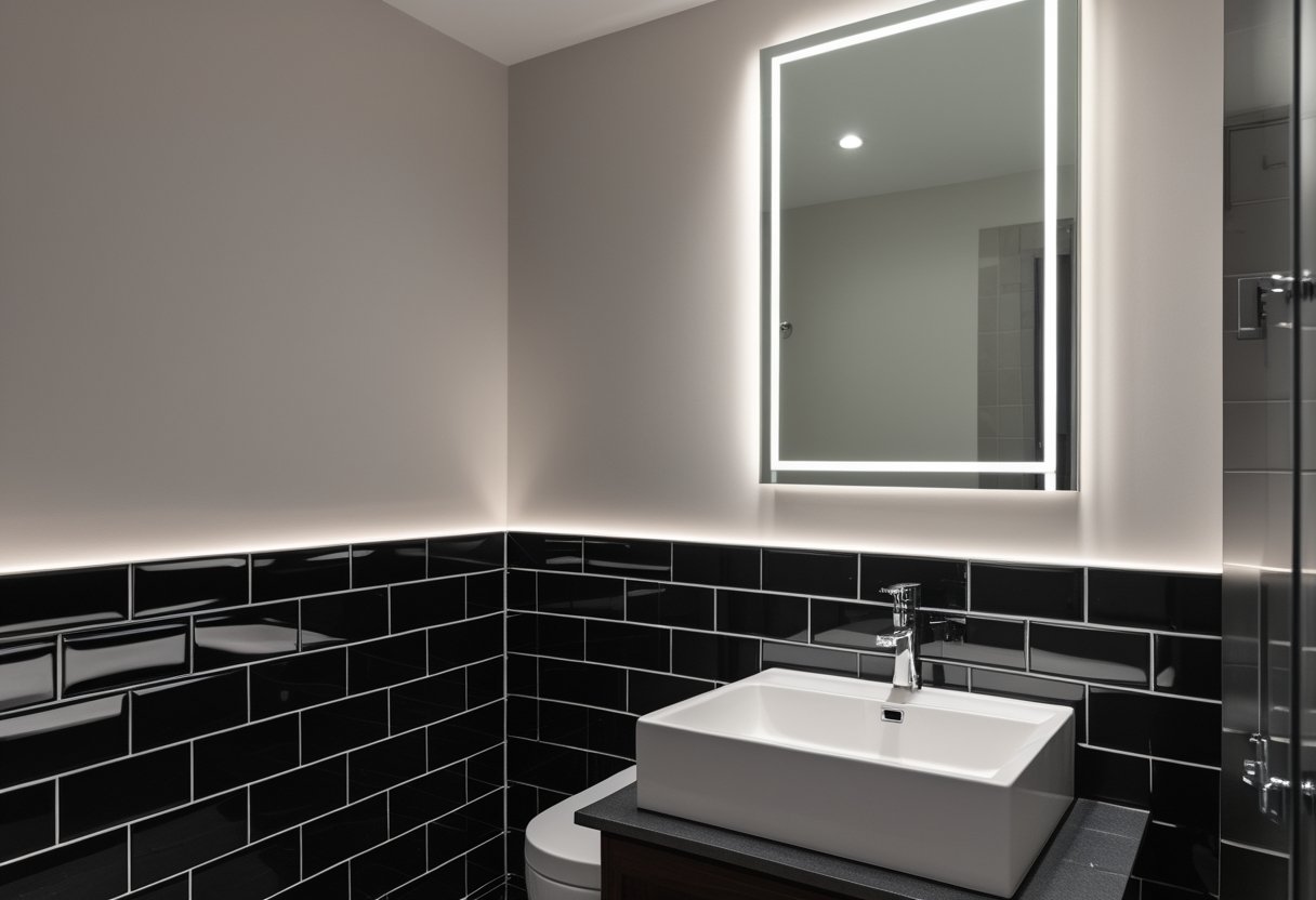 10 Stunning Black Bathroom Ideas For A Chic And Low Maintenance Space 5 black bathroom ideas subway tile wainscoting white contrasting grout modern bathroom design