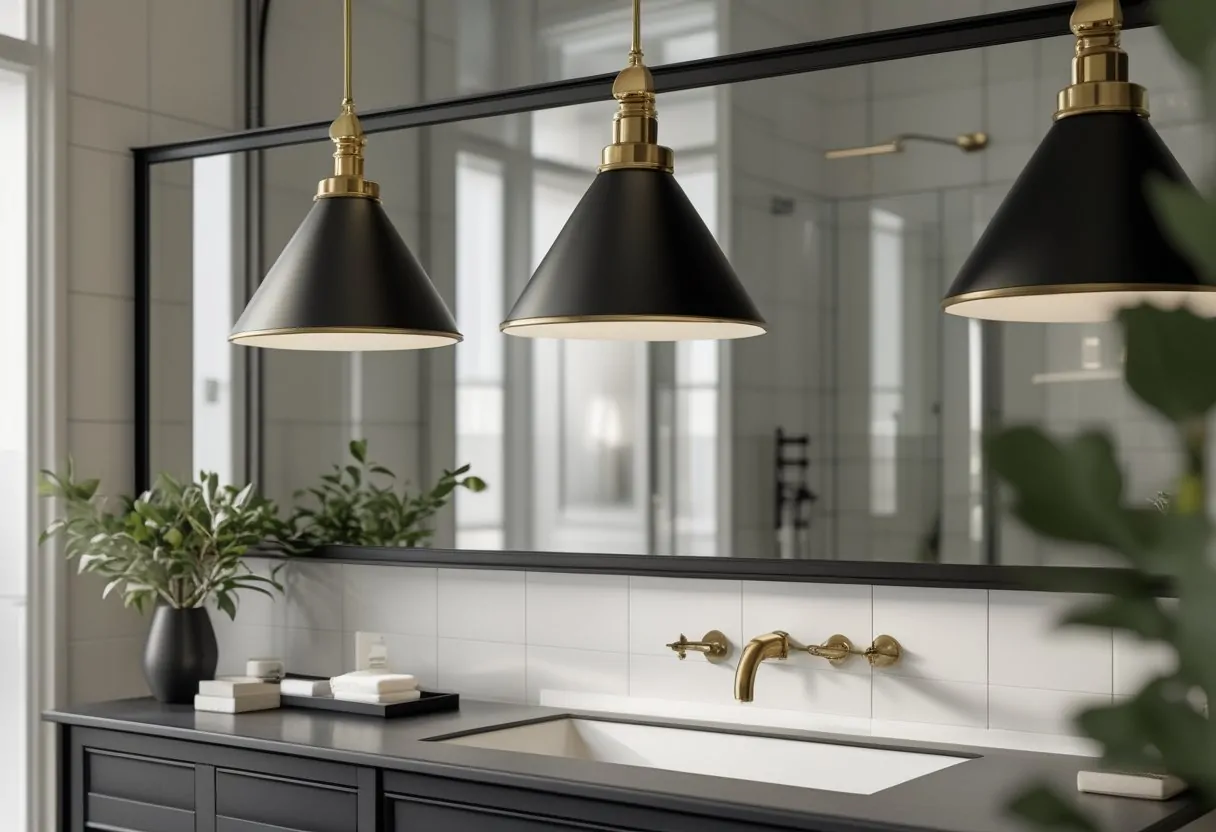 10 Stunning Black Bathroom Ideas For A Chic And Low Maintenance Space 7 black bathroom ideas statement pendant lighting brass accents vanity bathroom design