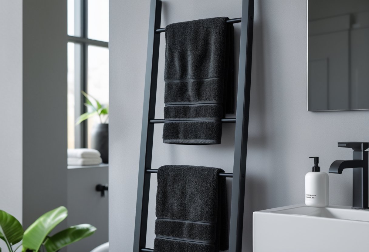 10 Stunning Black Bathroom Ideas For A Chic And Low Maintenance Space 10 black bathroom ideas black towel ladder matte hardware set coordinated bathroom accessories