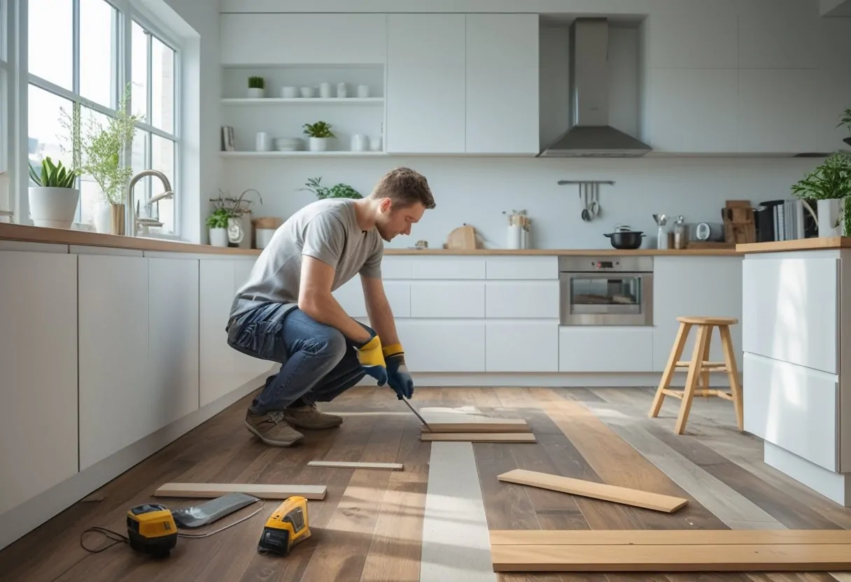 15 Stunning DIY Kitchen Remodel Ideas For Budget Friendly Upgrades And Weekend Projects 5 diy kitchen remodel ideas flooring update installing wooden floor bright kitchen weekend project