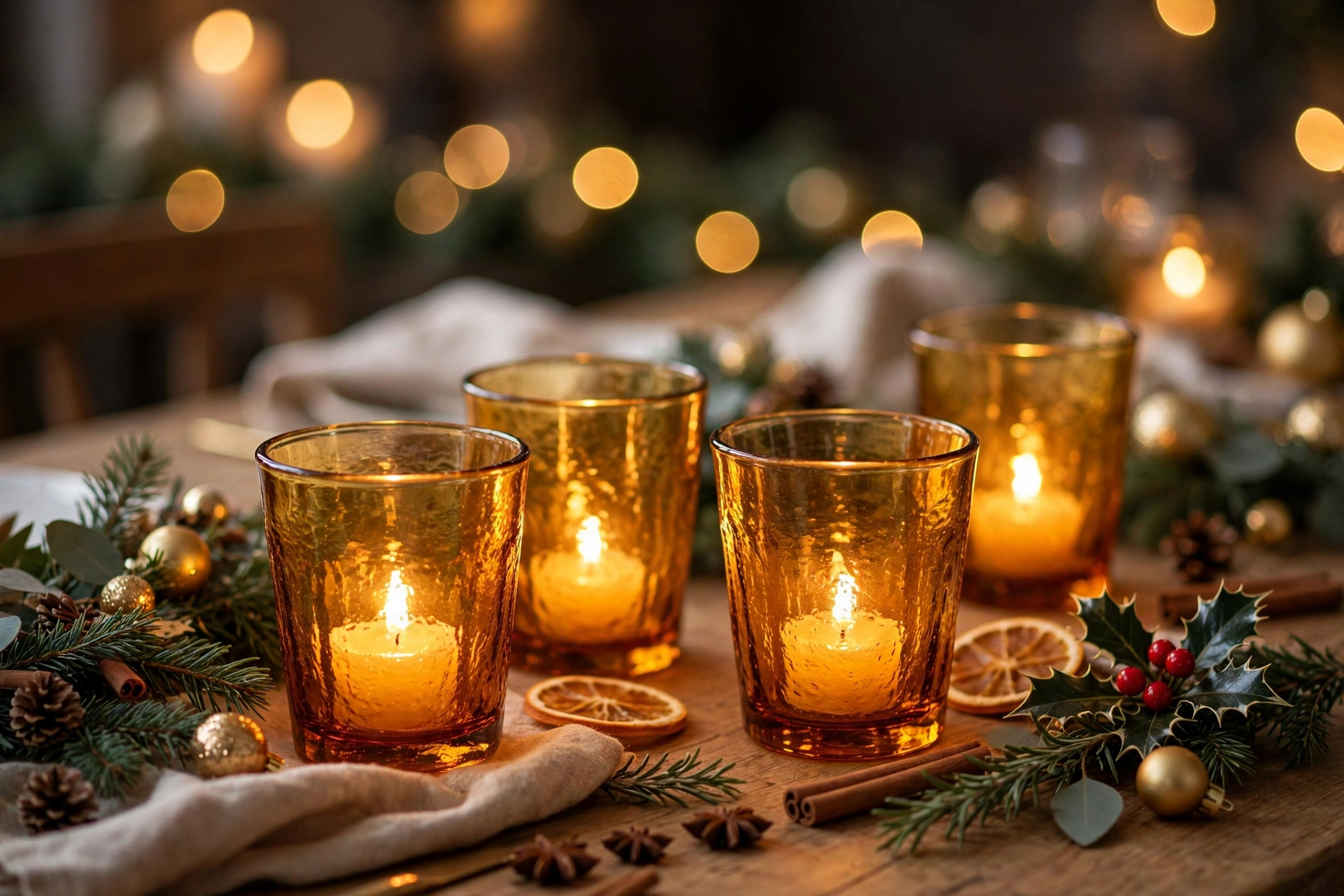 24 Christmas Table Setting Ideas for a Stunning Holiday Feast 20 Amber glassware glowing on a Christmas table