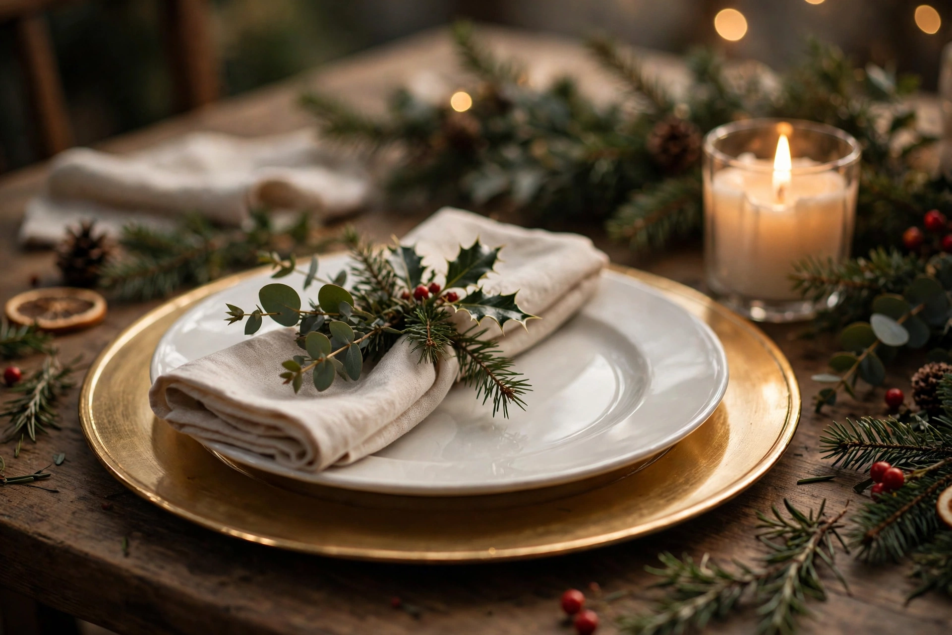 24 Christmas Table Setting Ideas for a Stunning Holiday Feast 4 Charger plates layered under dinner plates on a Christmas table