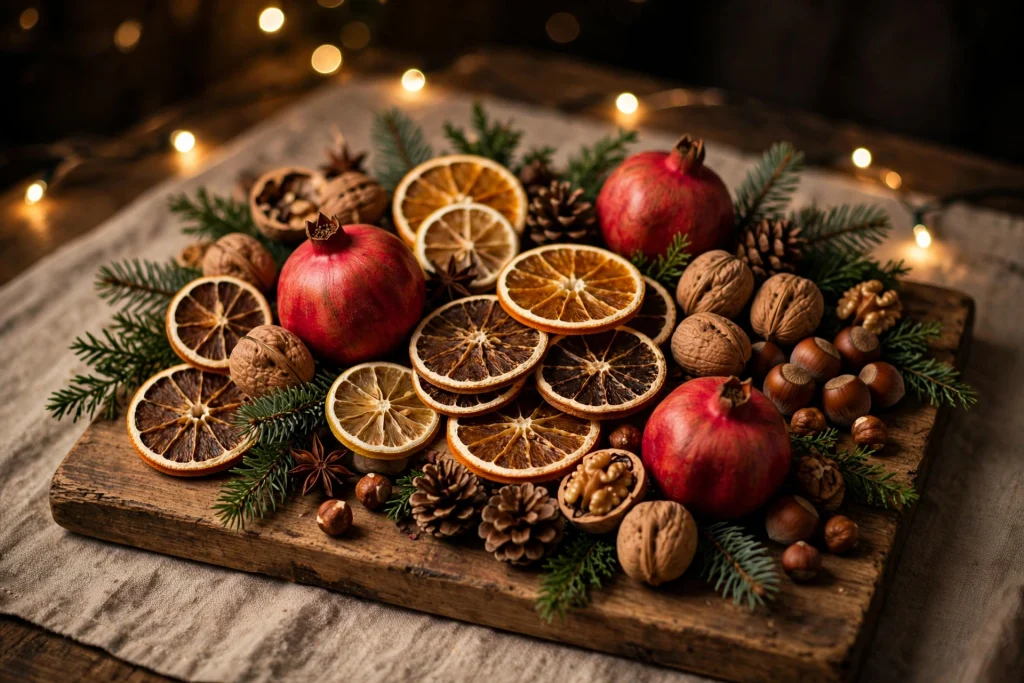 24 Christmas Table Setting Ideas for a Stunning Holiday Feast 11 Edible Christmas centerpiece with citrus, pomegranates, and nuts