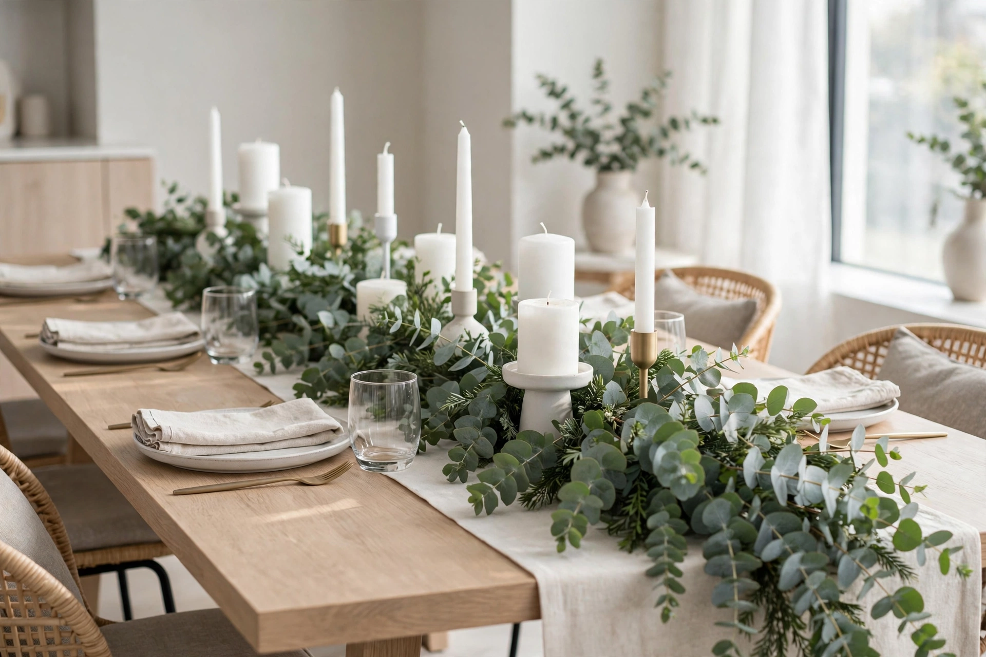 24 Christmas Table Setting Ideas for a Stunning Holiday Feast 18 Eucalyptus garland on a Christmas table for a fresh modern look