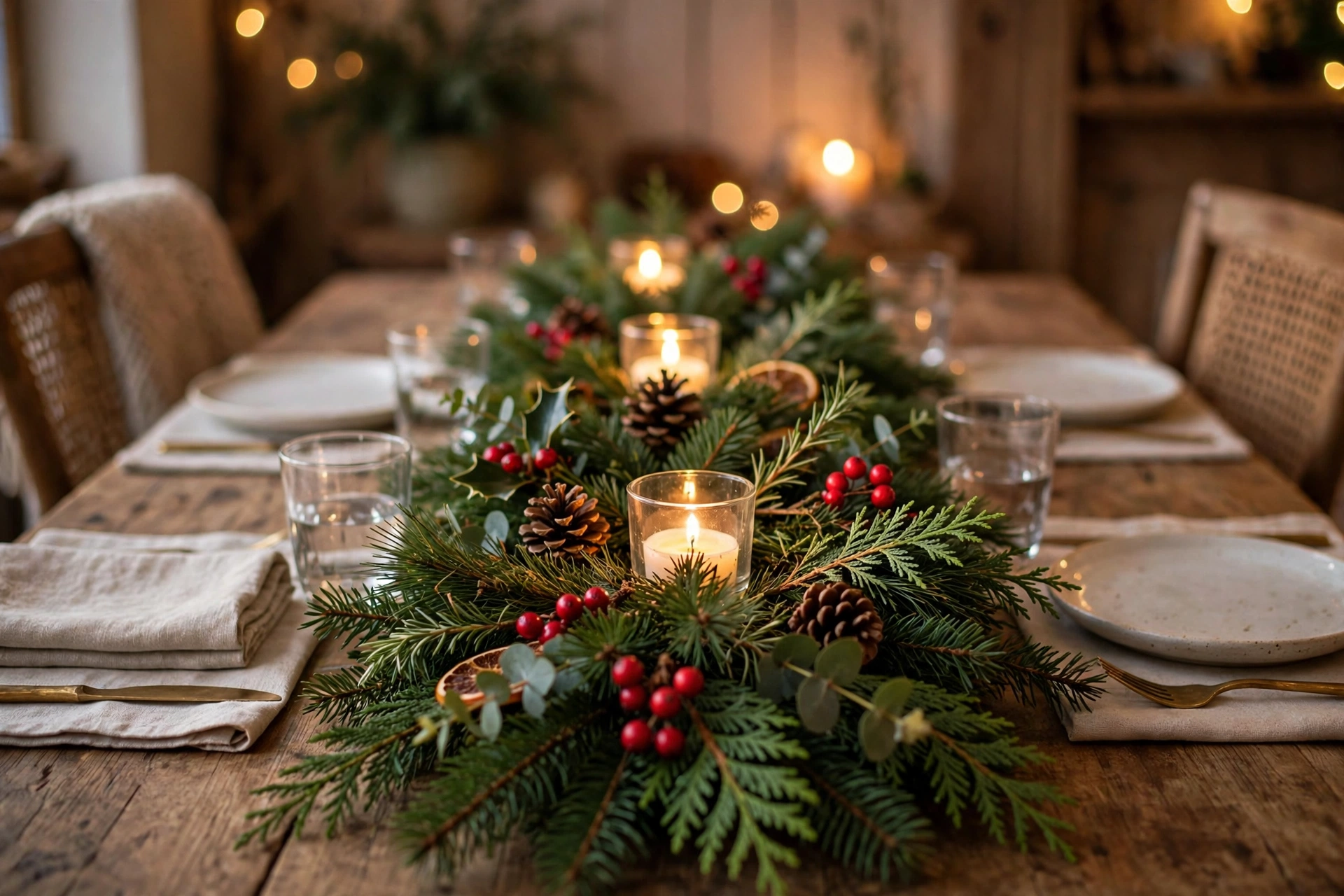 24 Christmas Table Setting Ideas for a Stunning Holiday Feast 6 Fresh evergreen garland running along the middle of a Christmas table