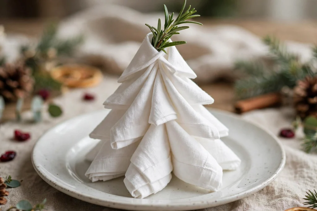 24 Christmas Table Setting Ideas for a Stunning Holiday Feast 5 Cloth napkin folded into a simple tree with a rosemary sprig on a Christmas plate