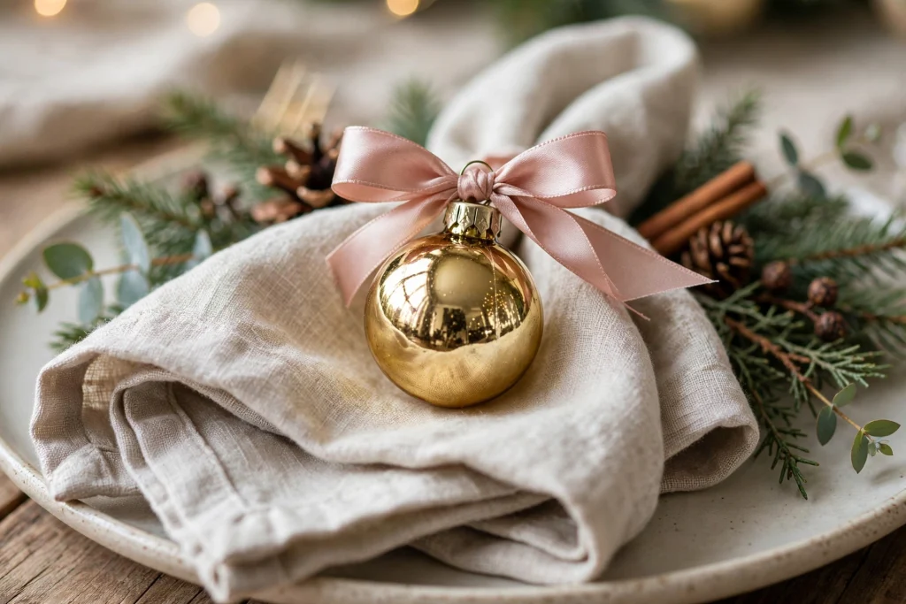 24 Christmas Table Setting Ideas for a Stunning Holiday Feast 8 Small Christmas ornament placed at each table setting as a favor