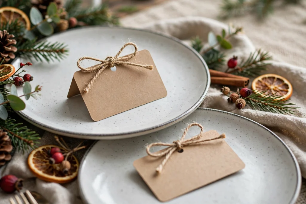 24 Christmas Table Setting Ideas for a Stunning Holiday Feast 12 Handwritten place cards on kraft paper tags at a Christmas table