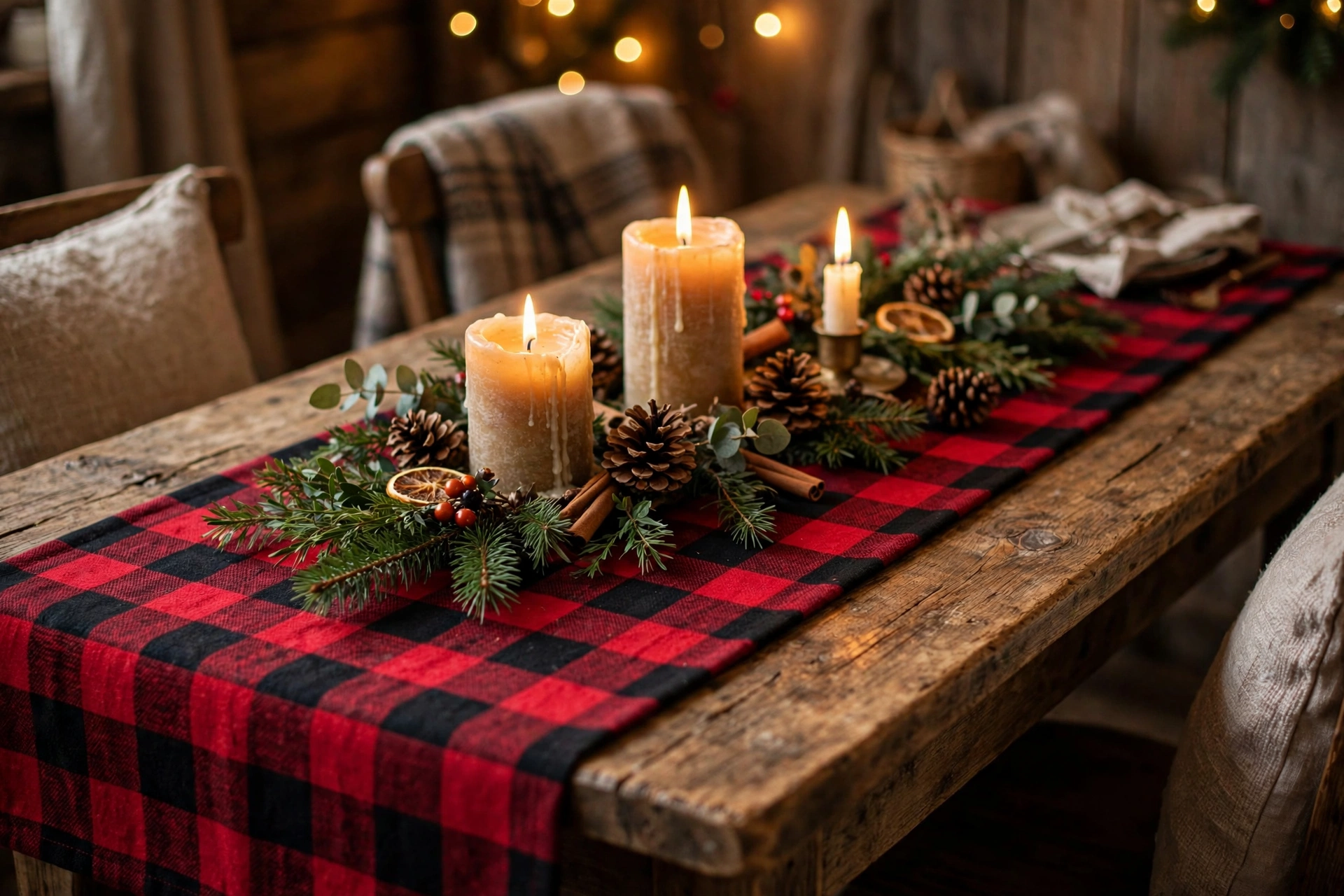 24 Christmas Table Setting Ideas for a Stunning Holiday Feast 13 Plaid checkered runner on a Christmas dining table for a cozy feel