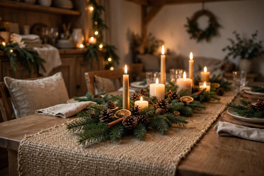 24 Christmas Table Setting Ideas for a Stunning Holiday Feast 3 Natural fiber jute runner down the center of a Christmas dining table
