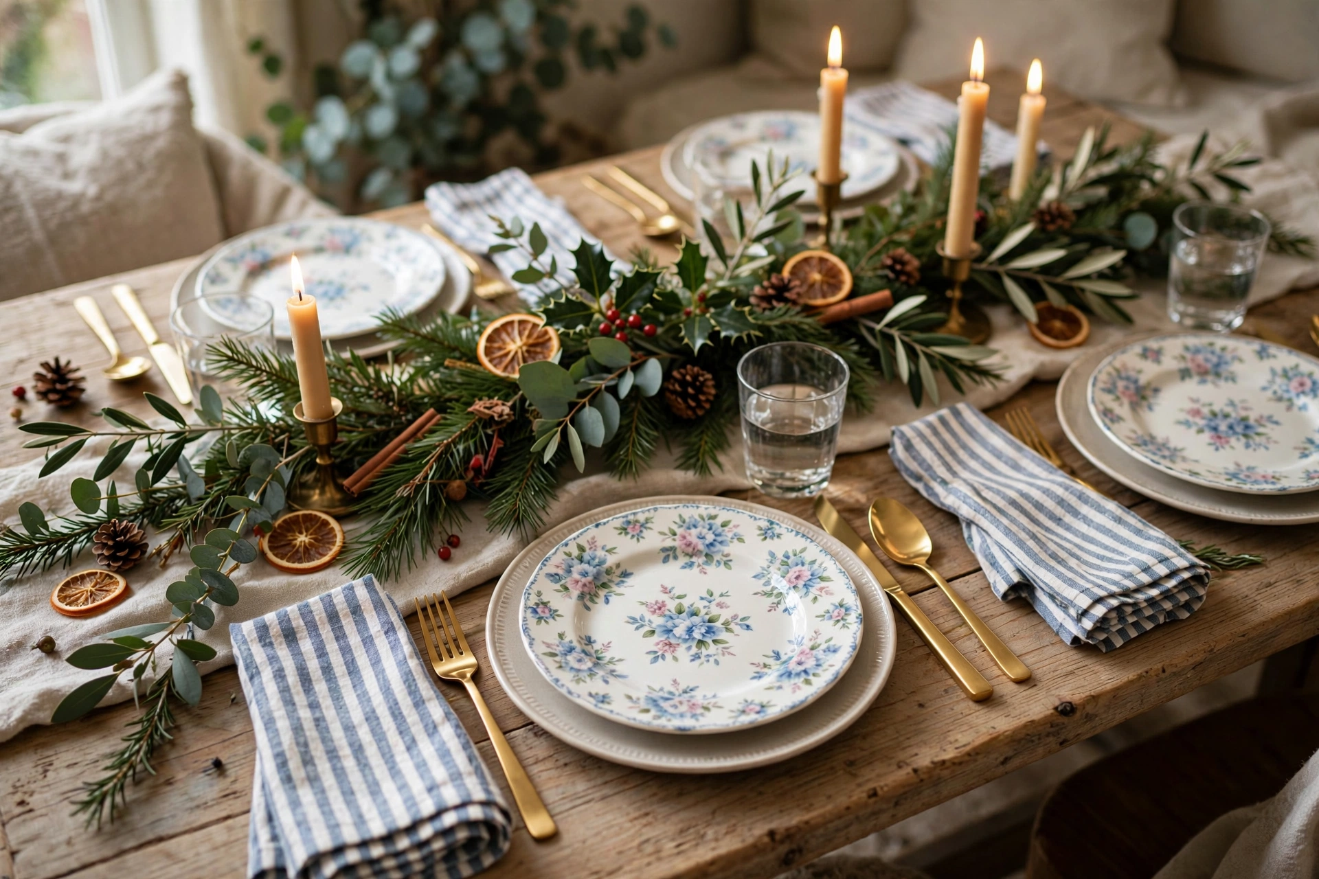 24 Christmas Table Setting Ideas for a Stunning Holiday Feast 22 Table setting mixing stripes and small florals for Christmas