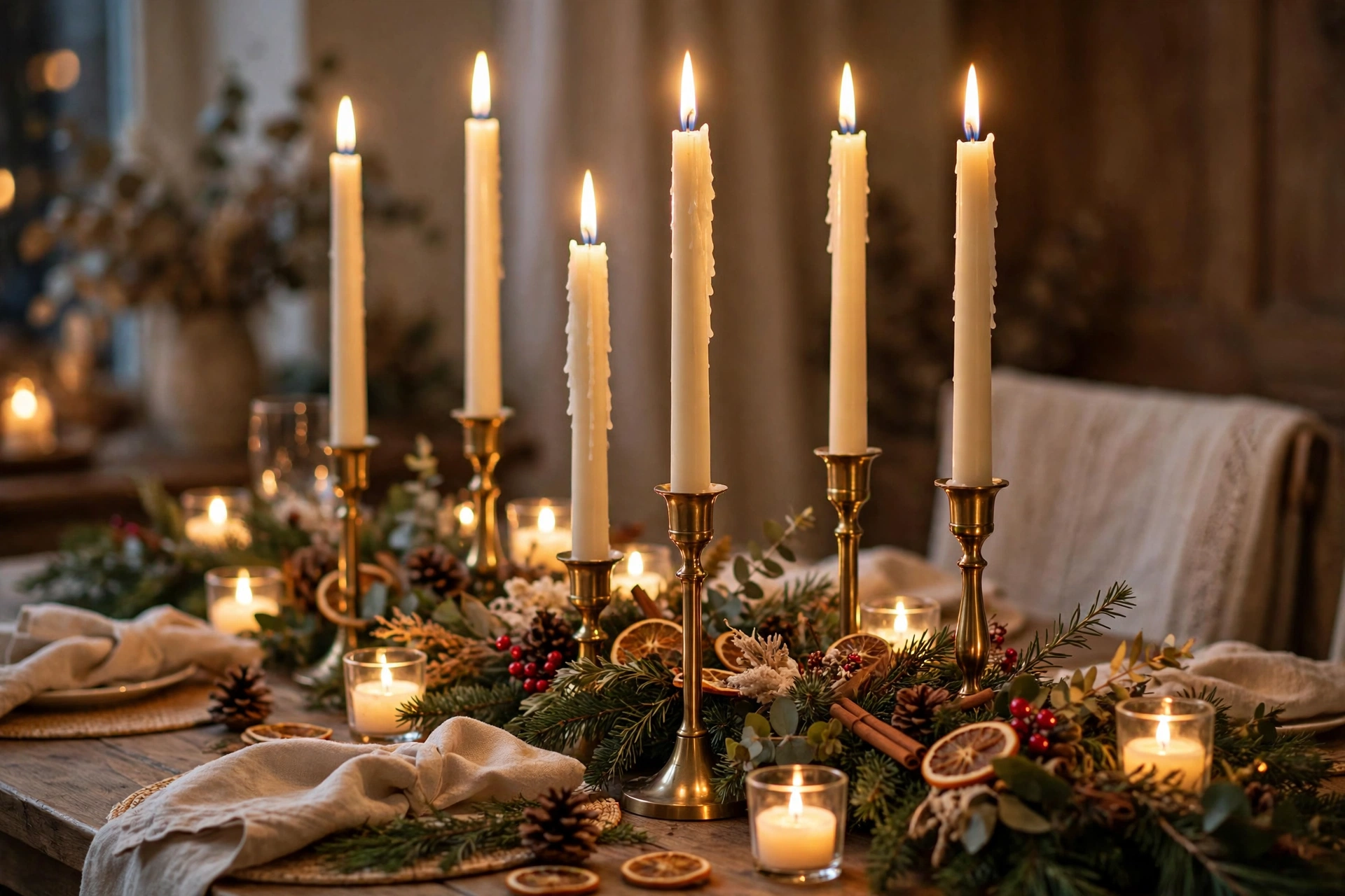 24 Christmas Table Setting Ideas for a Stunning Holiday Feast 7 Tall taper candles mixed with small tea lights on a Christmas table