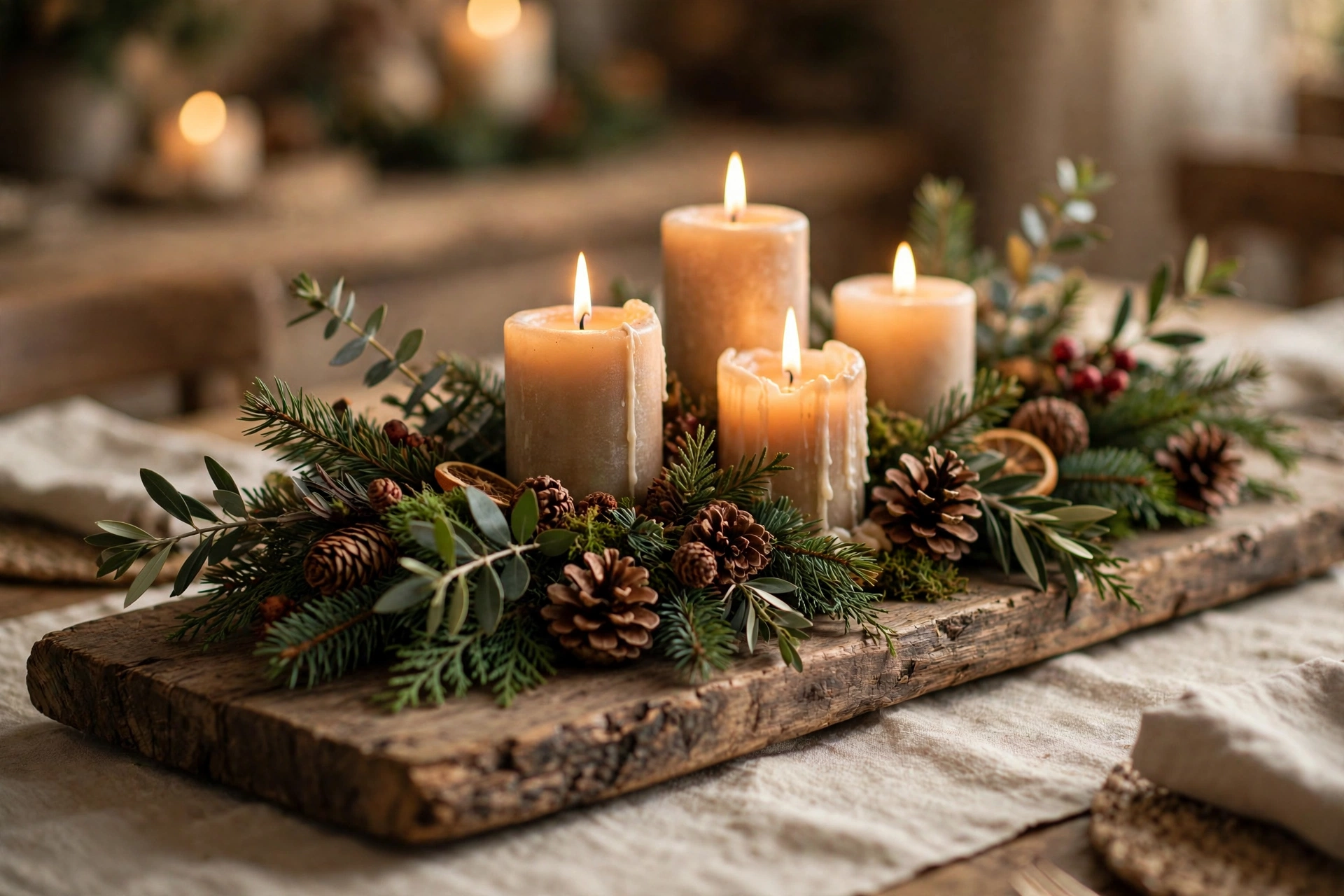 24 Christmas Table Setting Ideas for a Stunning Holiday Feast 23 Long wooden board under a Christmas centerpiece