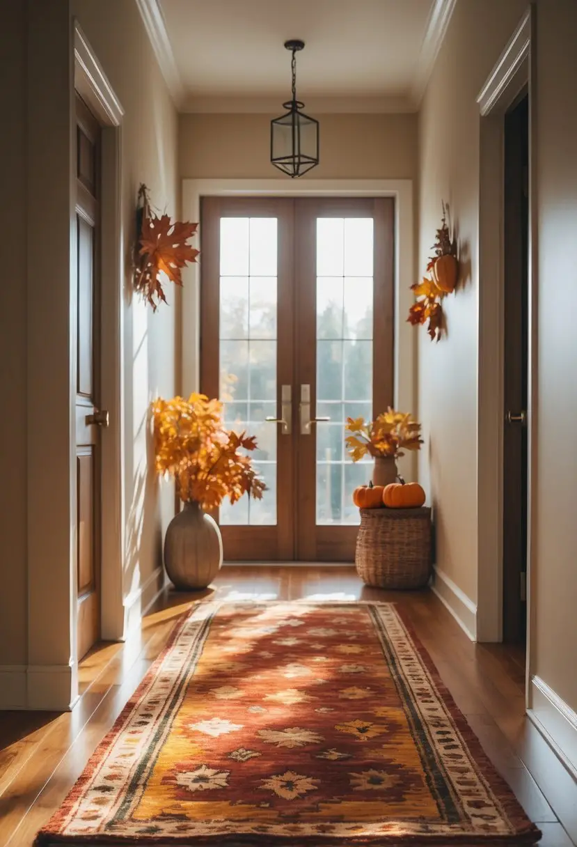 34 Beautiful Fall Hallway Decor Ideas 2026 To Elevate Your Seasonal Entryway 17 A hallway with a wool area rug in warm autumn colors on wooden floor, decorated with fall-themed accents.