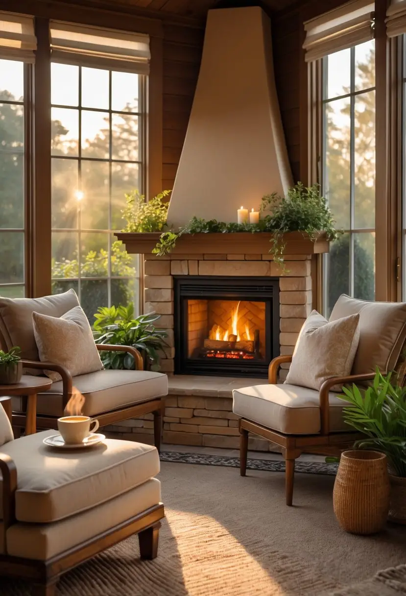 42 Cozy Sunrooms Inspiring Ideas for Relaxing Indoor Spaces 21 A sunroom with a warm fireplace, comfortable chairs, and natural light coming through large windows.