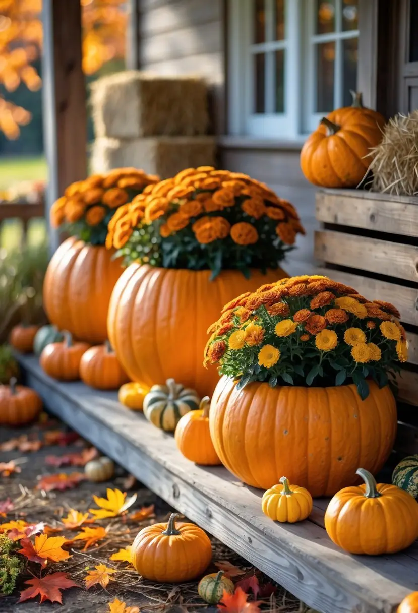 37 Fall Outdoor Decor Ideas 2025: Stylish Ways to Refresh Your Autumn Spaces 3 Pumpkin planters filled with orange and yellow mums arranged outdoors with autumn leaves and fall decor.