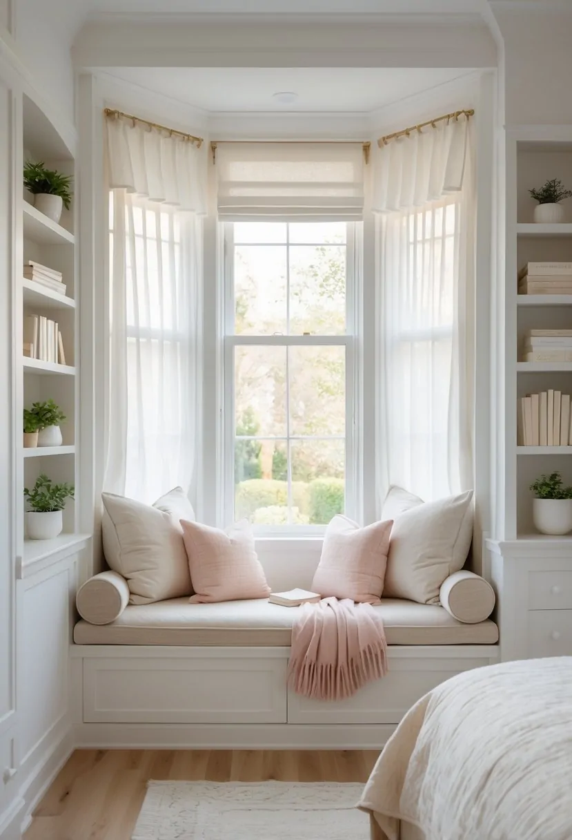 Bedroom Window Seat Ideas: Stylish Nooks and Cozy Comfort 2 A bedroom with a cozy window seat surrounded by cushions and shelves filled with books and plants, bathed in natural daylight.
