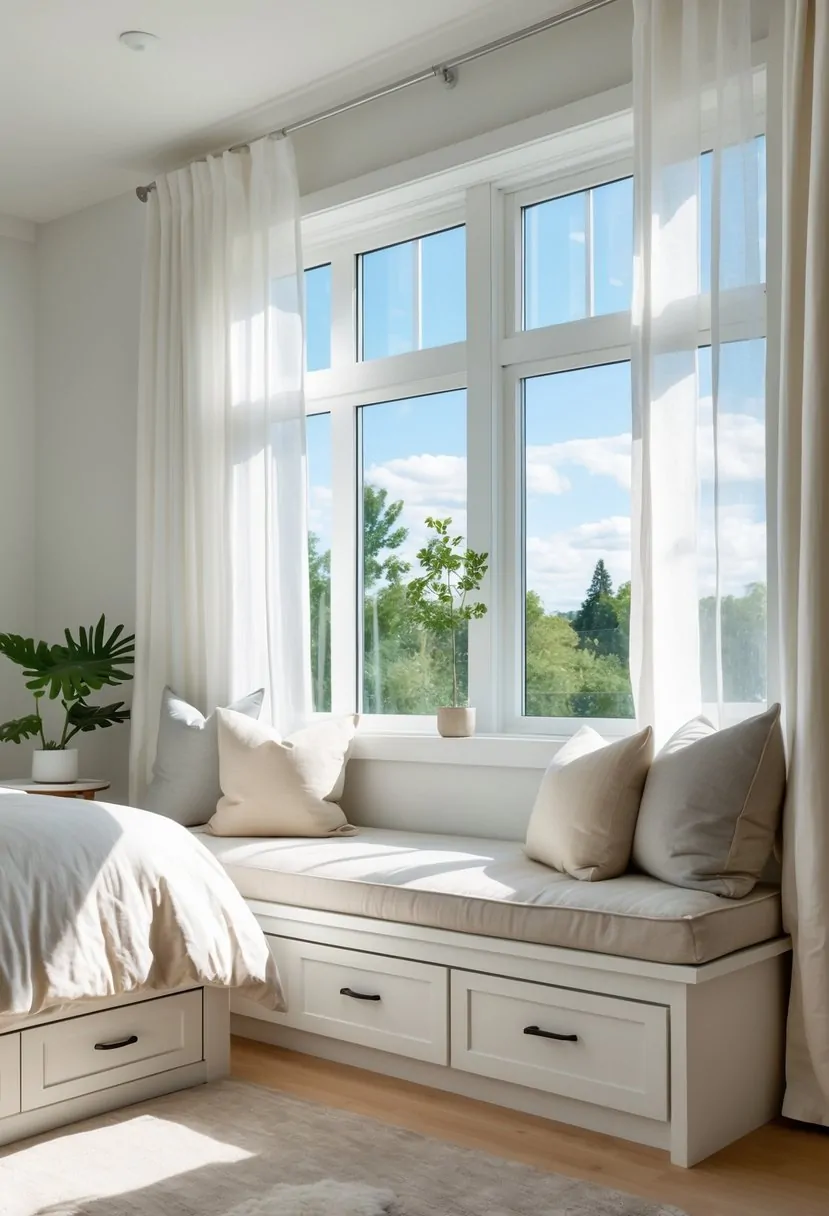 Bedroom Window Seat Ideas: Stylish Nooks and Cozy Comfort 11 A bedroom with a cozy window seat beneath a large window, decorated with cushions and surrounded by natural light.