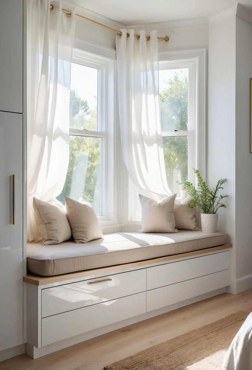 Bedroom Window Seat Ideas: Stylish Nooks and Cozy Comfort 15 A bedroom with a window seat that has built-in storage drawers underneath, surrounded by pillows and natural light.