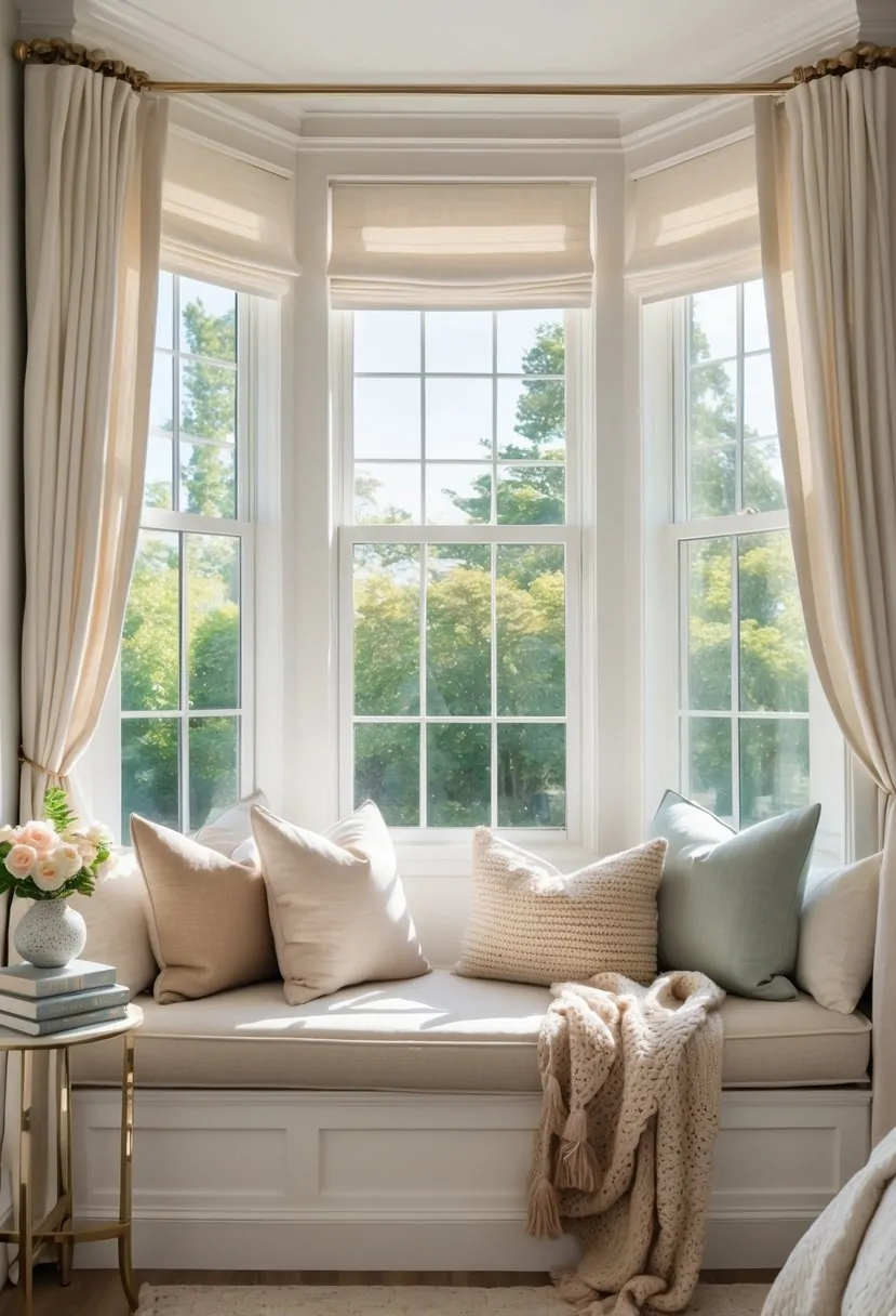 Bedroom Window Seat Ideas: Stylish Nooks and Cozy Comfort 19 A bedroom with a cozy window seat featuring cushions and pillows beneath a large window letting in natural light.