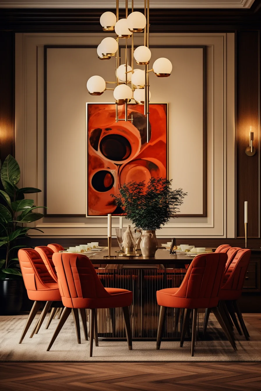 Warm-toned dining room with orange chairs and a set dining table