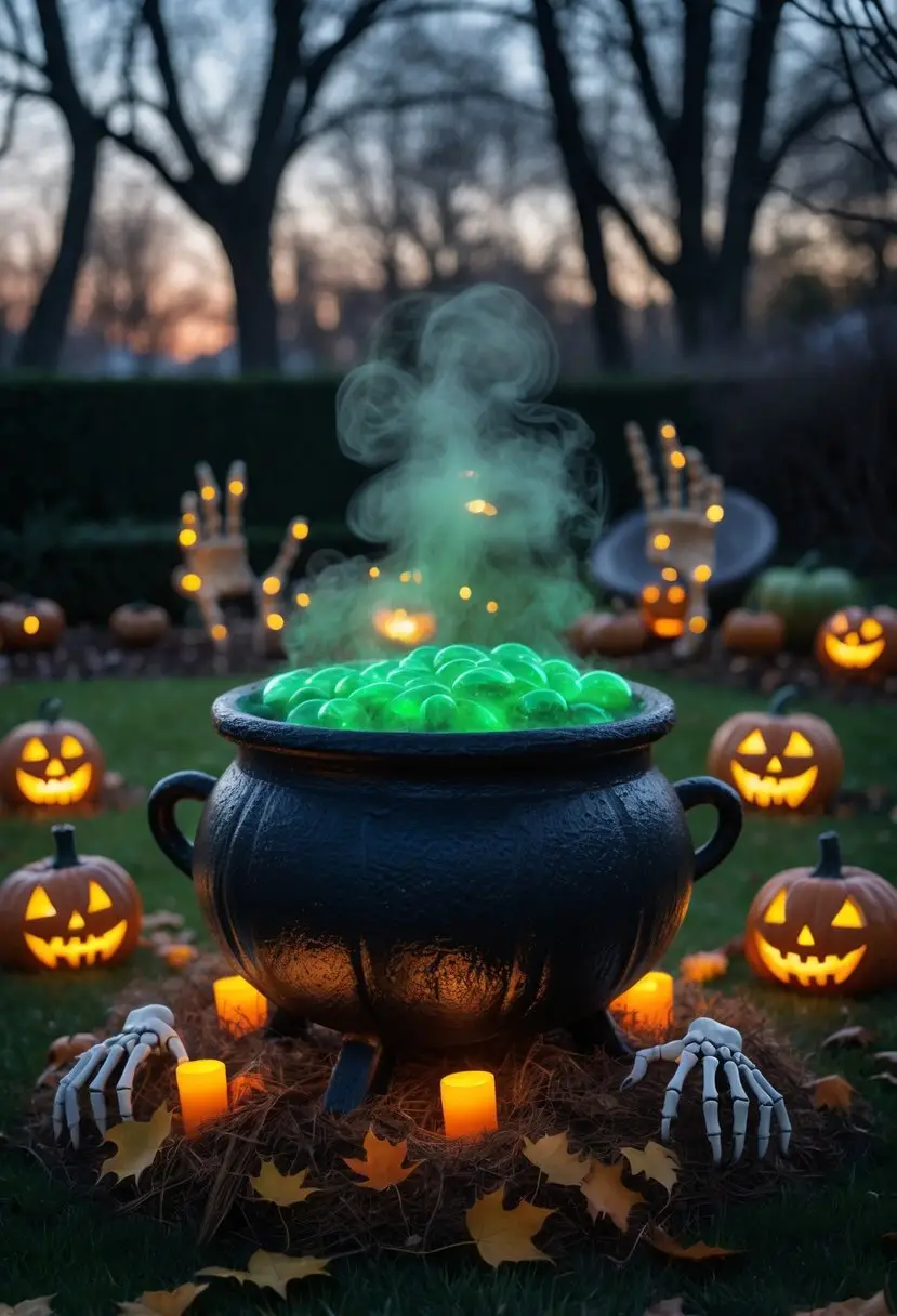 32 Outside Halloween Decorations Ideas 2025: Creative Ways to Transform Your Outdoor Space 11 Outdoor Halloween scene with a bubbling cauldron surrounded by pumpkins, spider webs, and autumn leaves at dusk.
