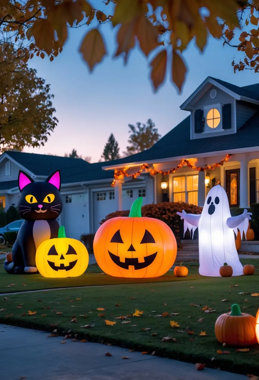 32 Halloween Inflatables for 2025: Top Picks for Spooky Yard Decor 35 A front yard decorated with various colorful Halloween inflatables including a black cat, pumpkin, ghost, and witch, surrounded by autumn leaves and Halloween decorations.