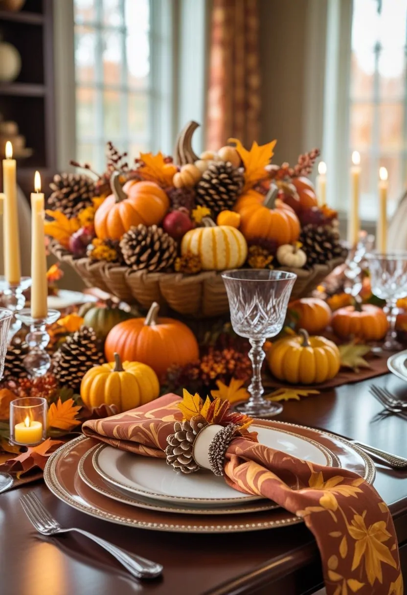 Festive fall dining table centerpiece with pumpkins, gourds, and glowing candles arranged down the middle of the table